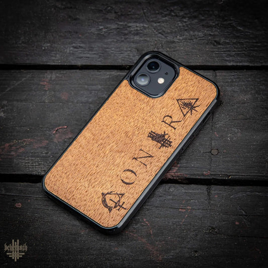 iPhone 12 case with wood finishing and Behemoth 'CONTRA' logo