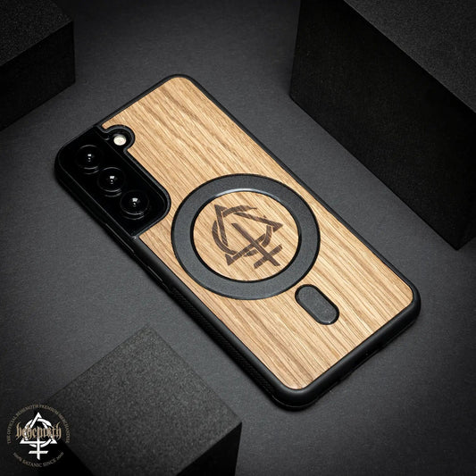 Samsung Galaxy S22 case with wood finishing and Behemoth 'CONTRA' logo