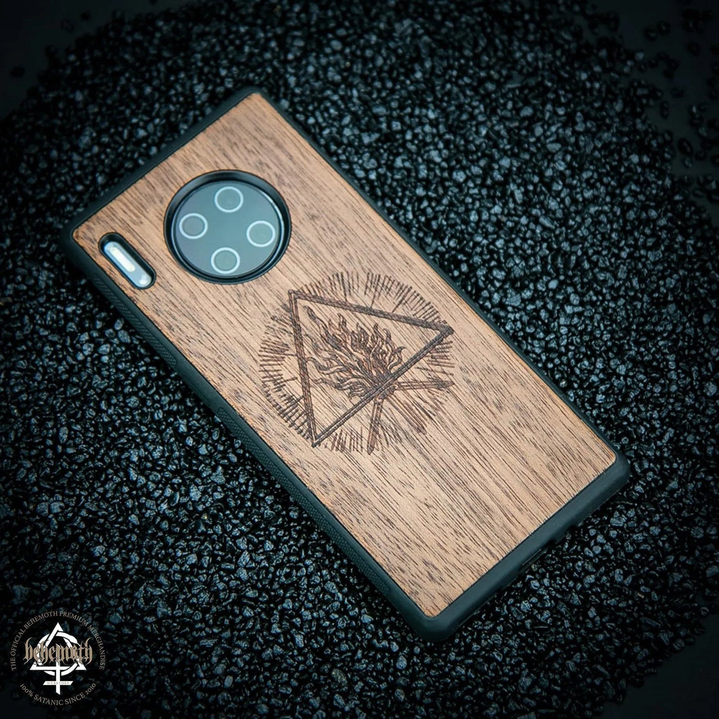 Huawei Mate 30 PRO case with wood finishing and Behemoth 'The Unholy Trinity' logo