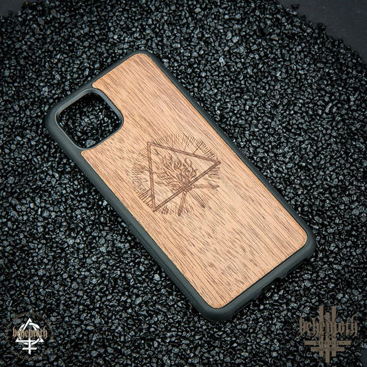 Google Pixel 4 case with wood finishing and Behemoth 'The Unholy Trinity' logo