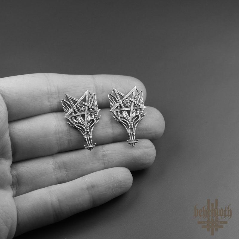 'O Pentagram Ignis' Behemoth sterling silver earrings (a pair)