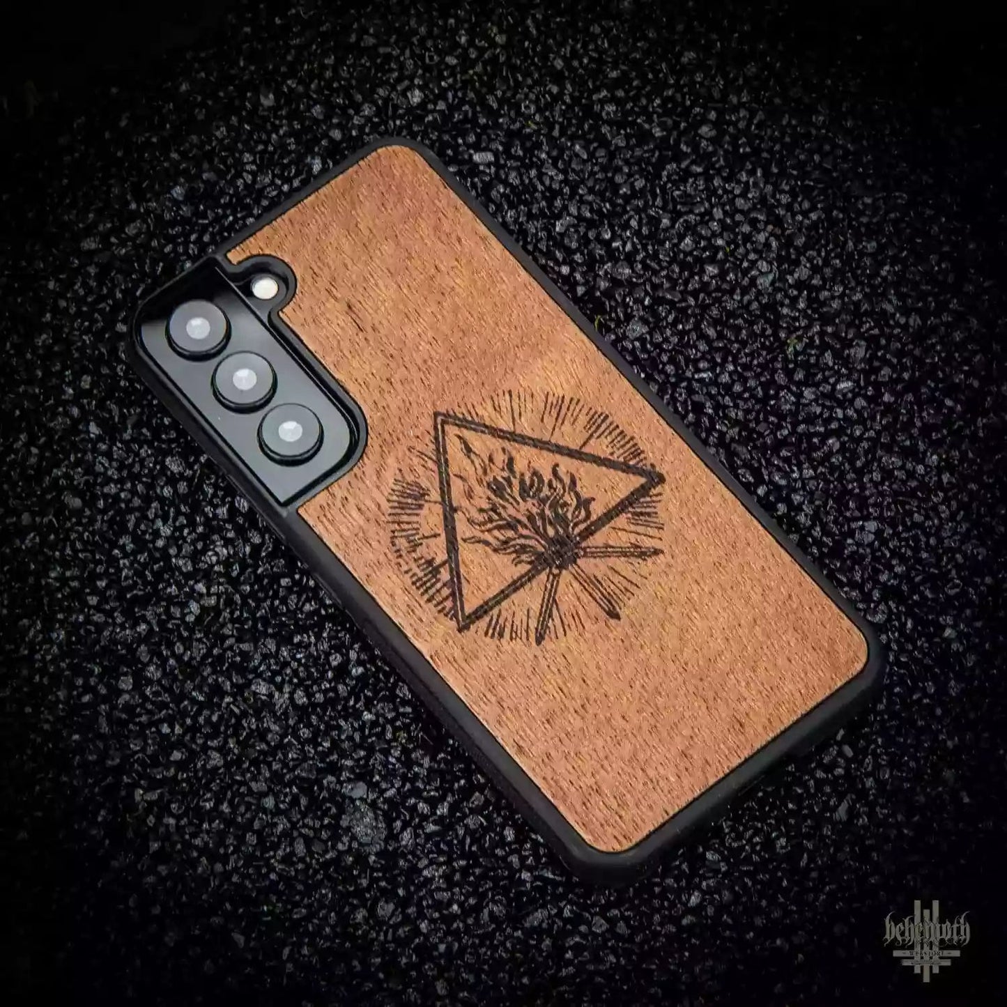 Samsung GalaxyS22 case with wood finishing and Behemoth 'The Unholy Trinity' logo