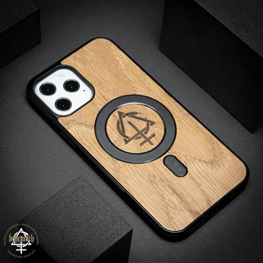 Apple iPhone 12/12 Pro Max case with wood finishing and Behemoth 'CONTRA' logo