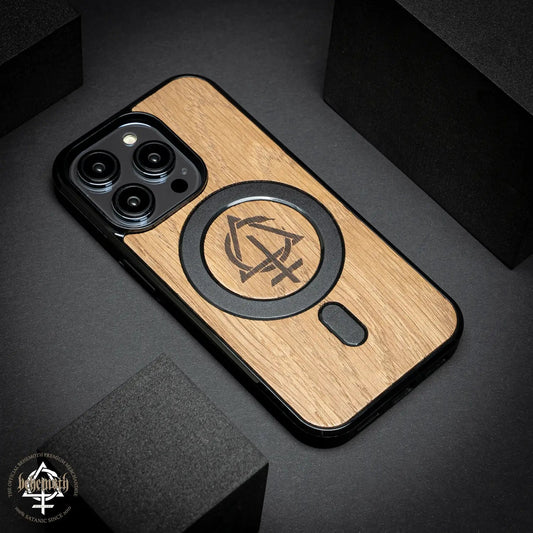 iPhone 14 case with wood finishing and Behemoth 'CONTRA' logo