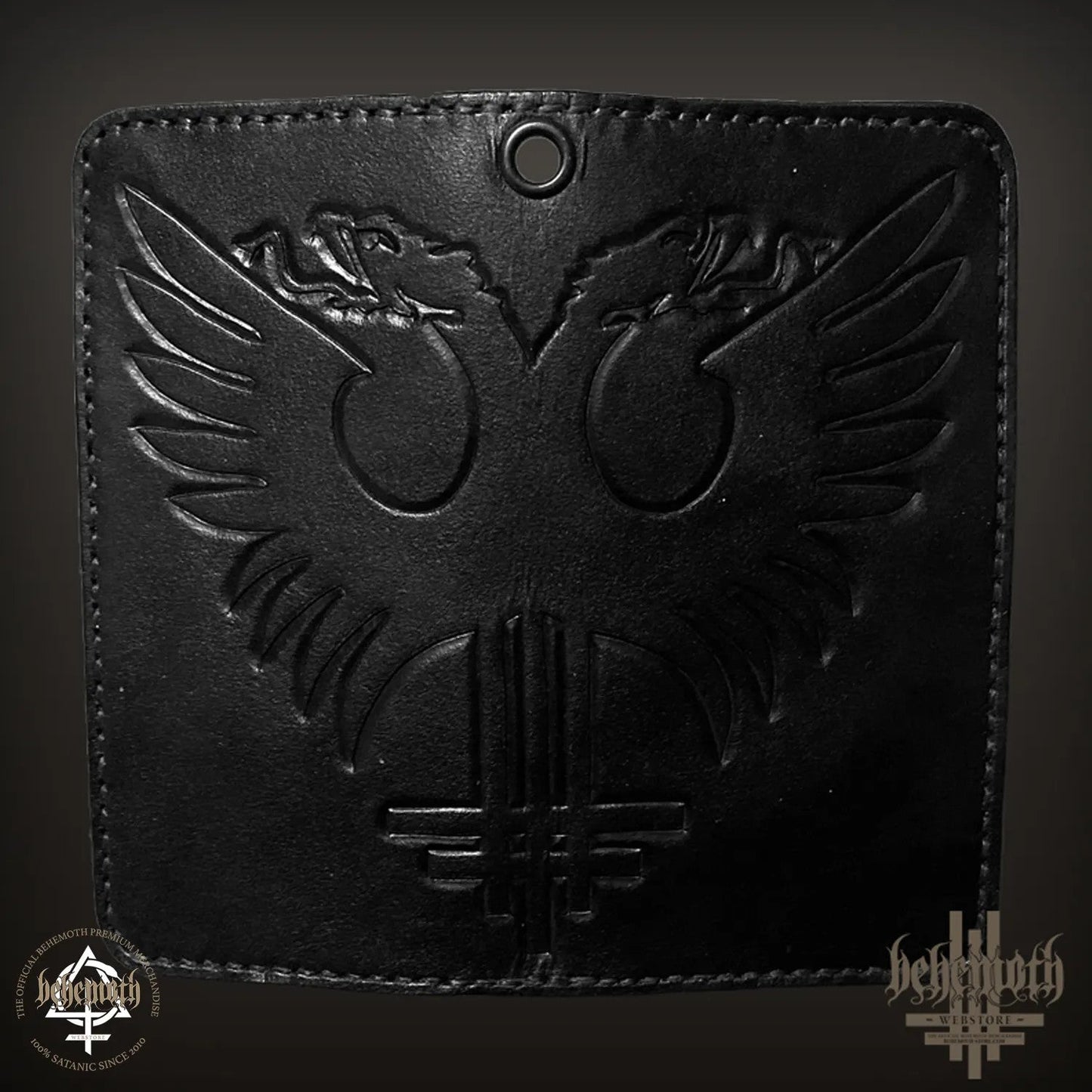 A black leather Behemoth 'New Aeon Musick' wallet