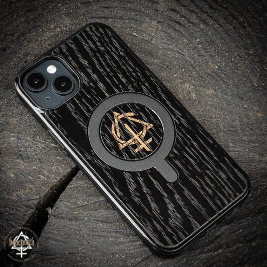 Apple iPhone 15 Plus black case with wood finishing and Behemoth 'CONTRA' logo